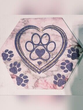 Heart/Paw Glitter Hexagon Plaque Highlighted With Rhinestones.